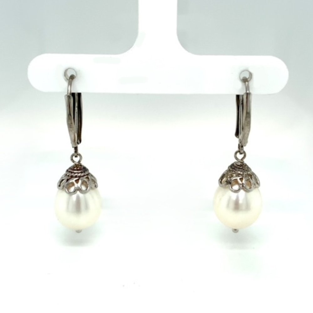 Sterling Silver 10.9mm Pearl Dangle Earrings 1 3/8